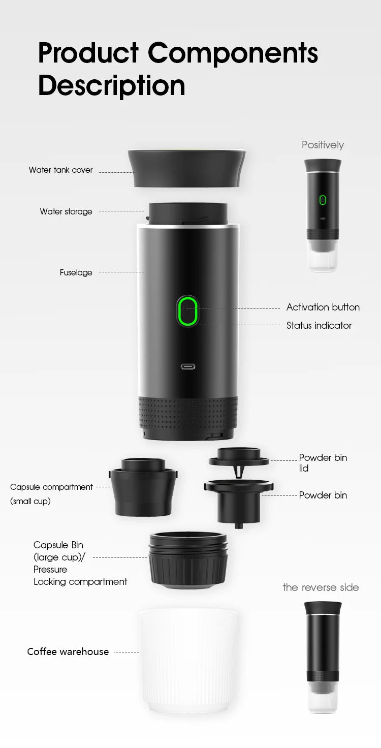 Diagram of a black coffee maker with labeled components on a white background