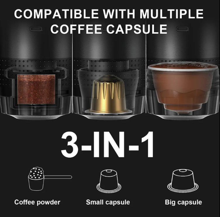 Coffee brewing device compatible with multiple coffee capsules on a black background