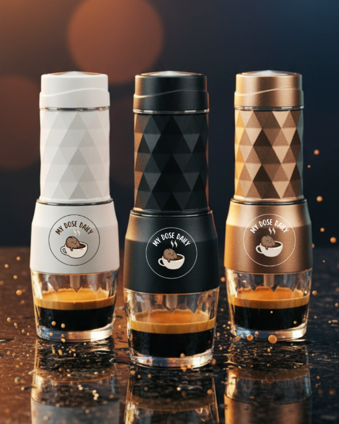 Three coffee tampers with geometric patterns and 'My Dose Daily' branding on a reflective surface.