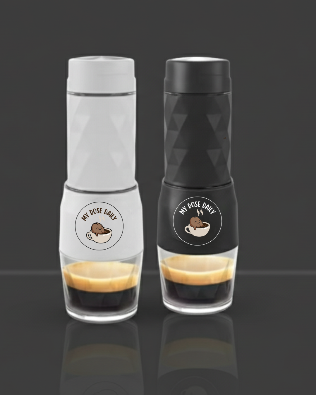 Two coffee-themed bottles with a dark background